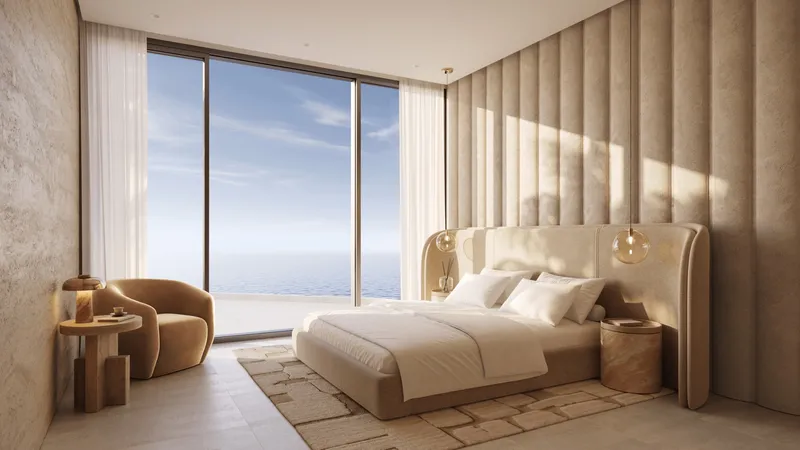 Render of a bedroom at AYA with a full-height window looking out to sea