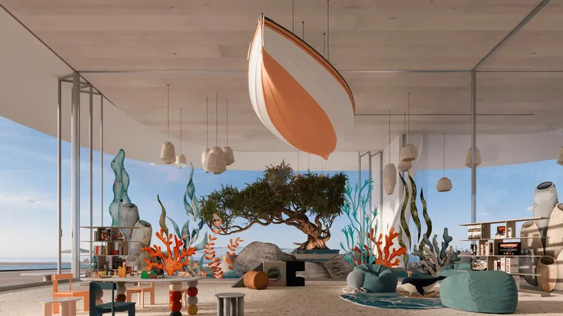 Render of the children's play area at AYA, with sea-themed sculptures and a suspended boat