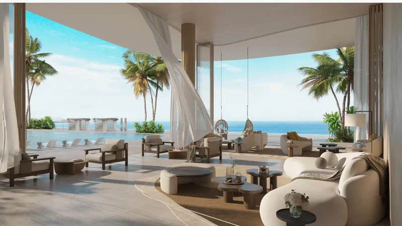 Render of the residents' lounge at AYA, open to the pool deck and the sea