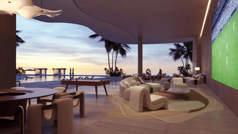 Render of the sports lounge at AYA, with a games table and a large screen, opening onto the pool