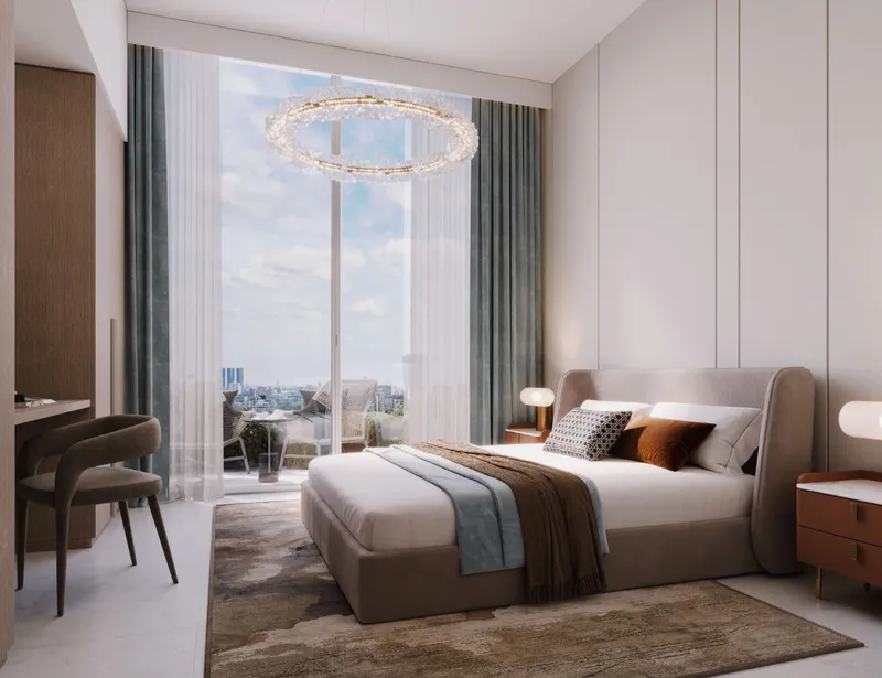 Render of a bedroom with full-height windows at Azizi Abraham
