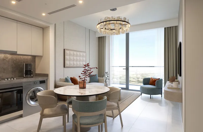 Render of a living and dining room with an open kitchen at Azizi Abraham