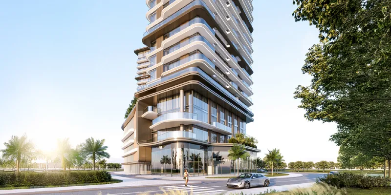 Render of the podium and curved balconies of Azizi Abraham at street level