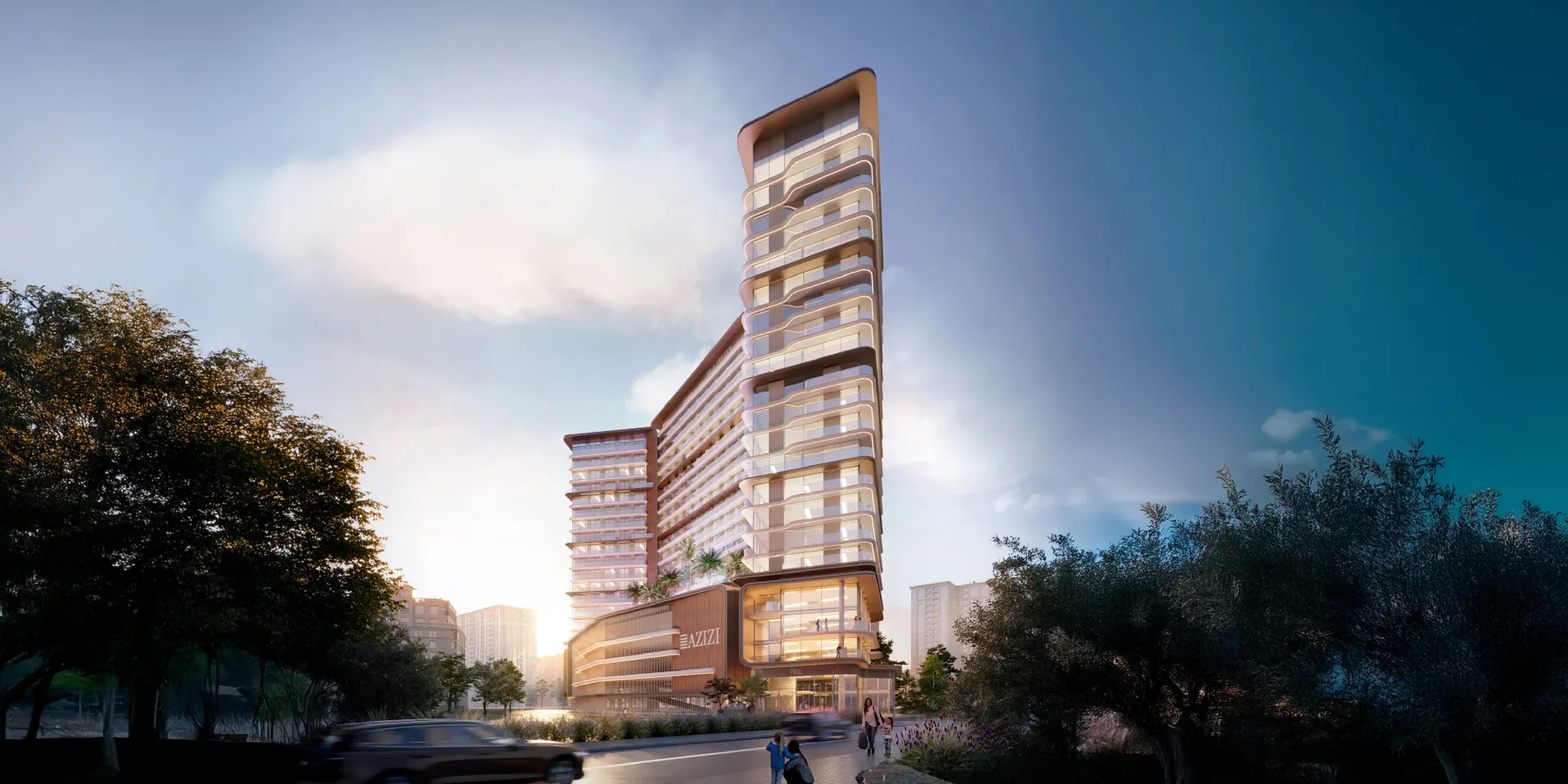 Render of the Azizi Abraham apartment tower in Downtown Jebel Ali seen from the street