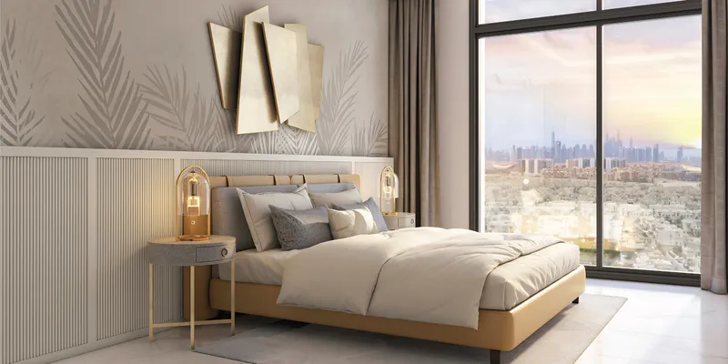 Render of a bedroom at Azizi Amir with a full-height window