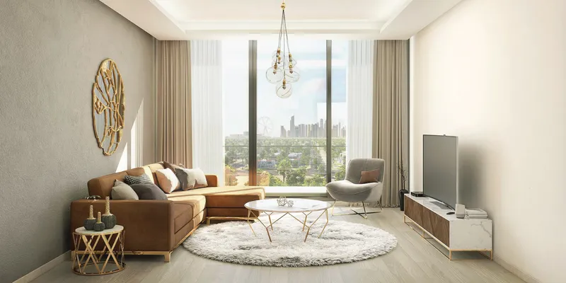 Render of a living room at Azizi Amir with a full-height window