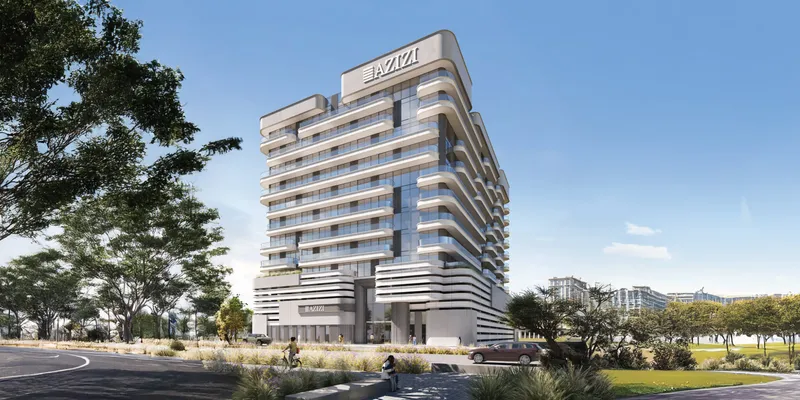 Render of Azizi Amir seen from the road, with landscaping in front of the building