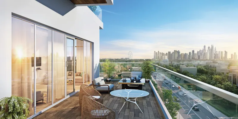 Render of a furnished terrace at Azizi Amir looking towards the Dubai Marina skyline