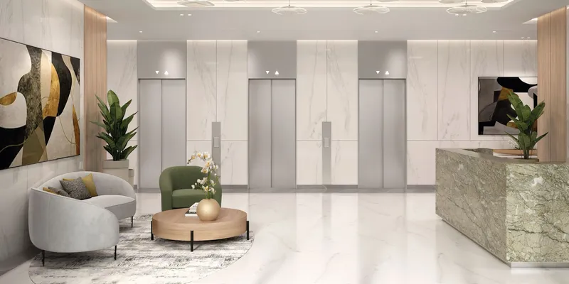 Render of the lift lobby and reception desk at Azizi Arian
