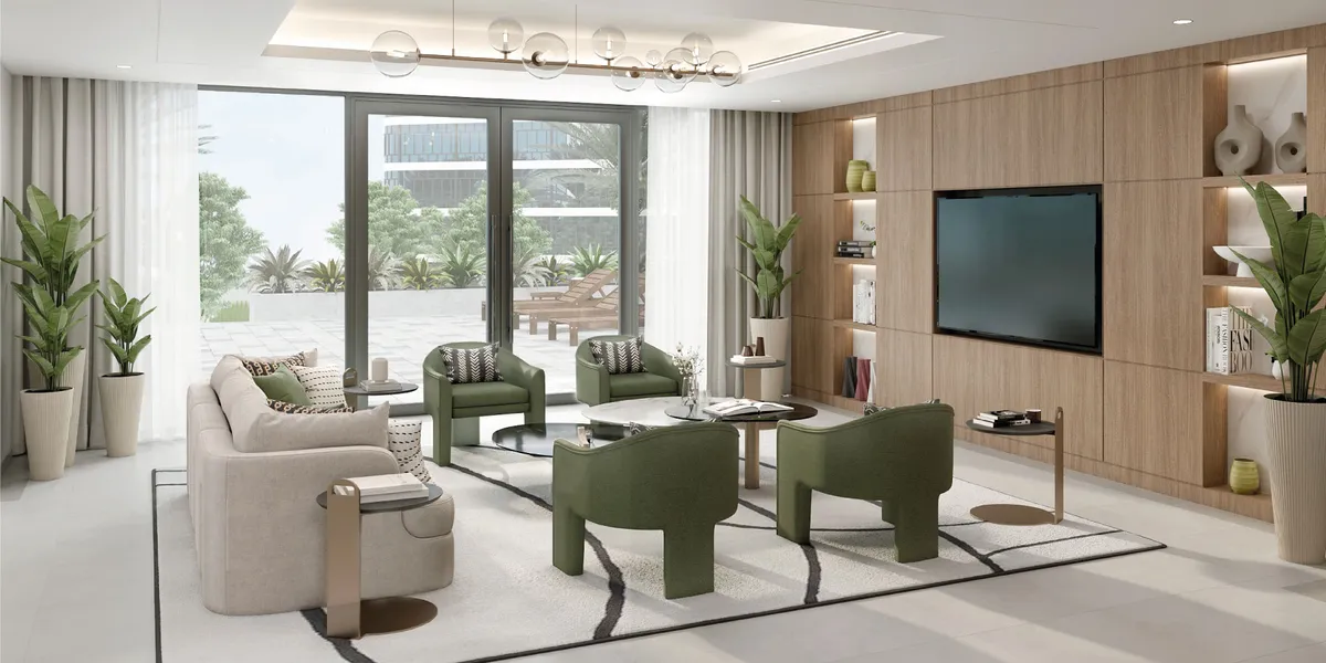 Render of the residents' lounge at Azizi Arian opening onto a terrace