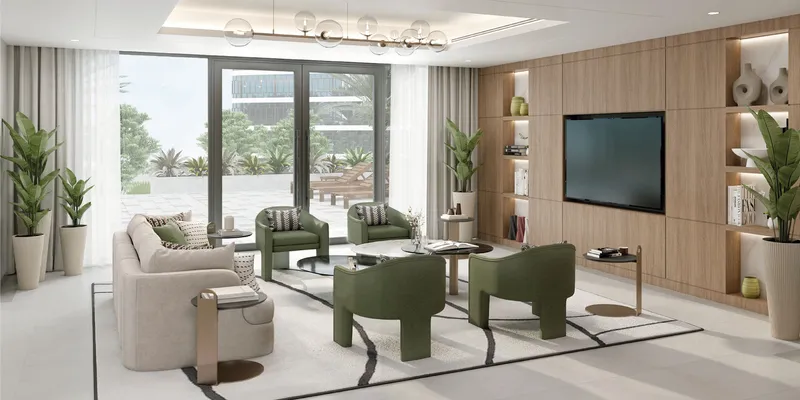 Render of the residents' lounge at Azizi Arian opening onto a terrace