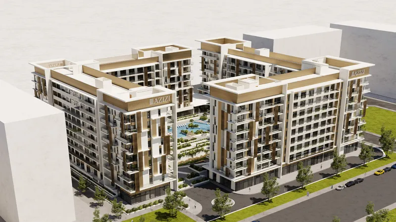 Aerial render of Azizi Beach Oasis II, two buildings around a central pool