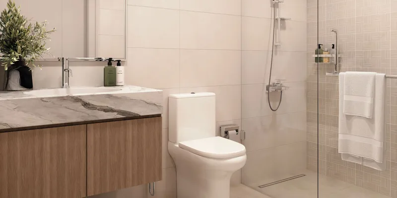 Render of a bathroom with a walk-in shower at Azizi Beach Oasis II