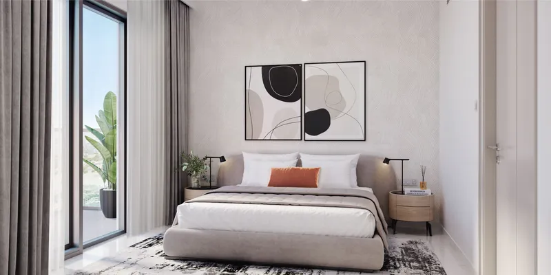 Render of a bedroom with a balcony door at Azizi Beach Oasis II