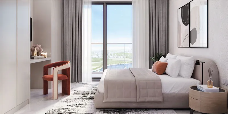 Render of a bedroom with a full-height window and desk at Azizi Beach Oasis II