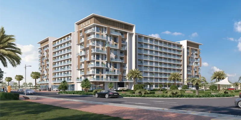 Render of the two Azizi Beach Oasis II apartment buildings in Dubai Studio City by day