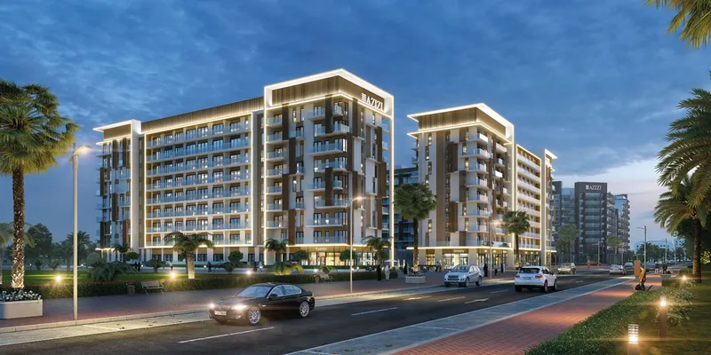 Render of Azizi Beach Oasis II lit at dusk, seen along the street