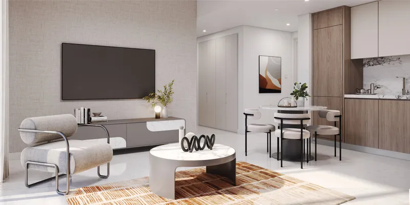 Render of a living and dining area with fitted kitchen at Azizi Beach Oasis II