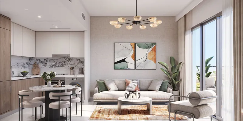 Render of a living room with an open kitchen and dining table at Azizi Beach Oasis II