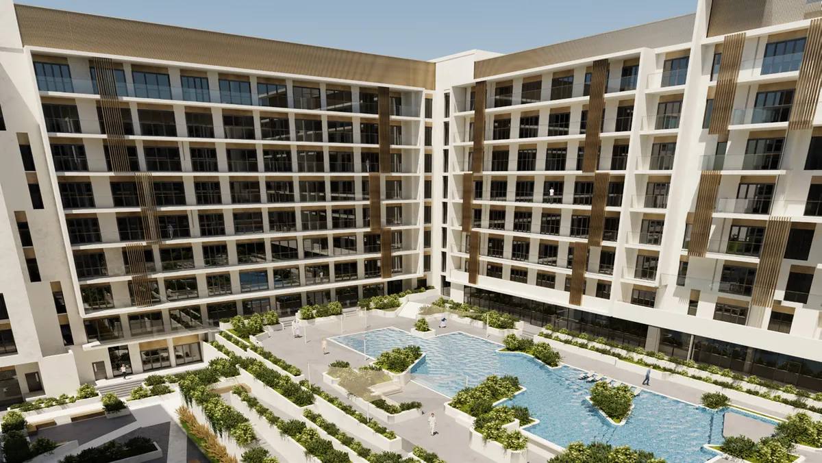 Render of the lagoon-style pool and landscaped courtyard at Azizi Beach Oasis II