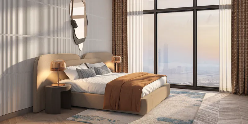 Render of a bedroom with full-height windows in a Creek Views III apartment