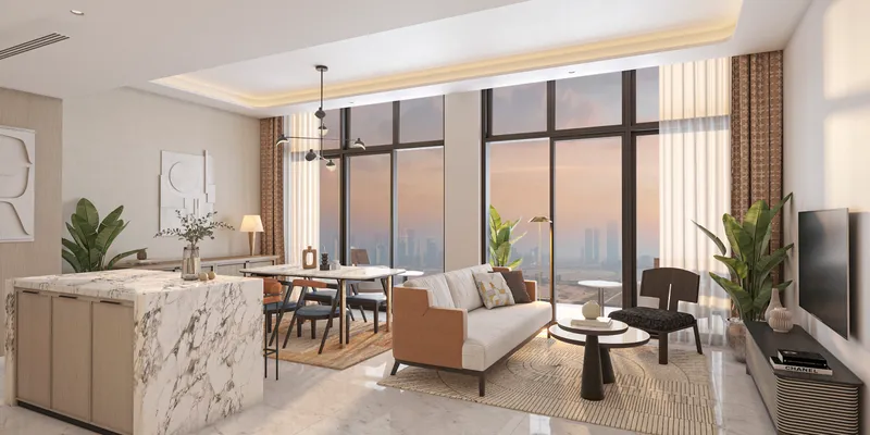 Render of an open-plan living and dining room in a Creek Views III apartment