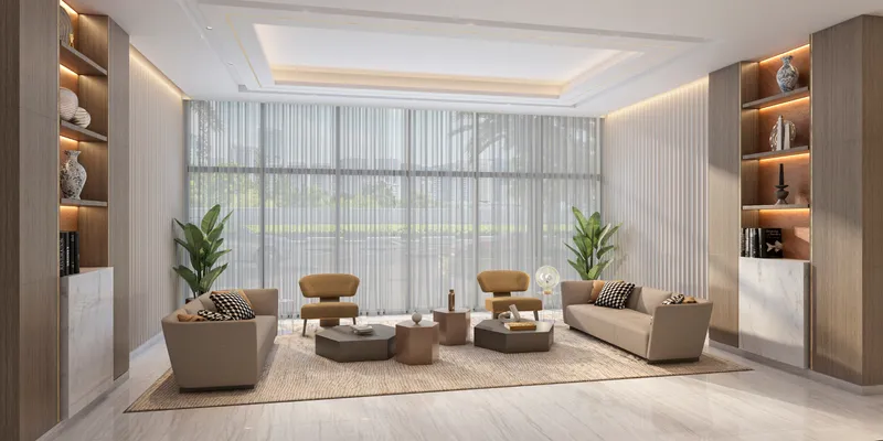 Render of a living room in a Creek Views III apartment