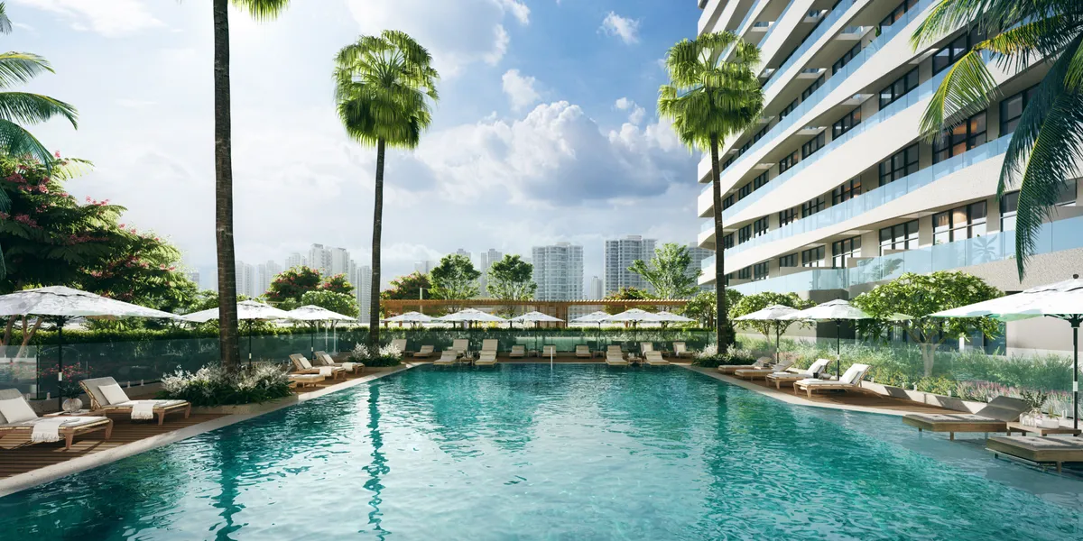 Render of the swimming pool and sun deck at Creek Views III