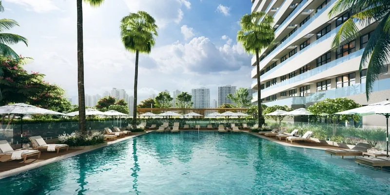 Render of the swimming pool and sun deck at Creek Views III