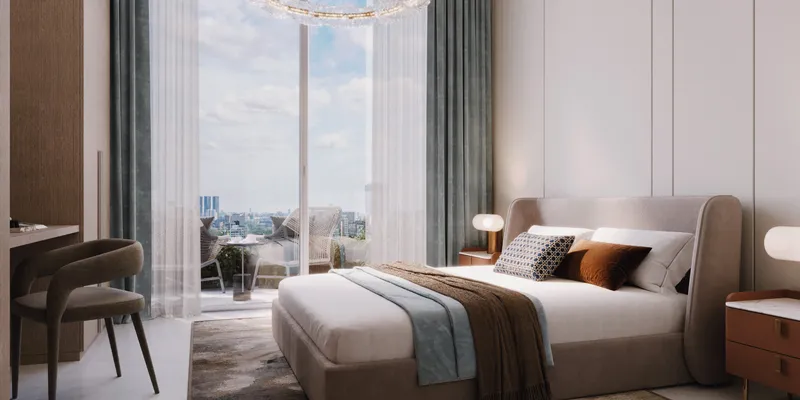 Render of a bedroom in an Azizi David apartment with a balcony beyond