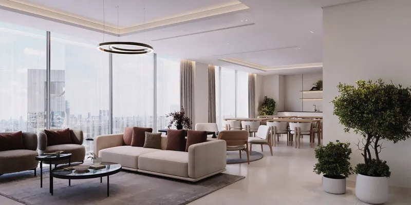 Render of a living and dining room in an Azizi David apartment