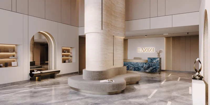Render of the lobby and reception desk at Azizi David