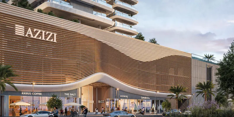Render of the timber-clad retail podium and shopfronts at Azizi David
