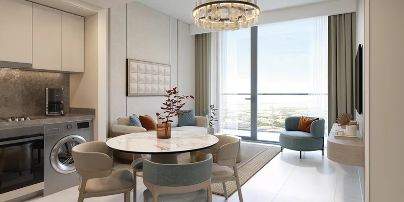 Render of the kitchen and living area of an Azizi David apartment