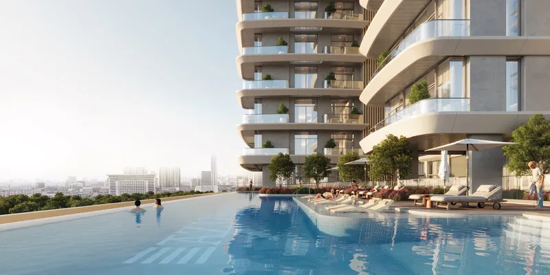 Render of the swimming pool at Azizi David with the skyline beyond