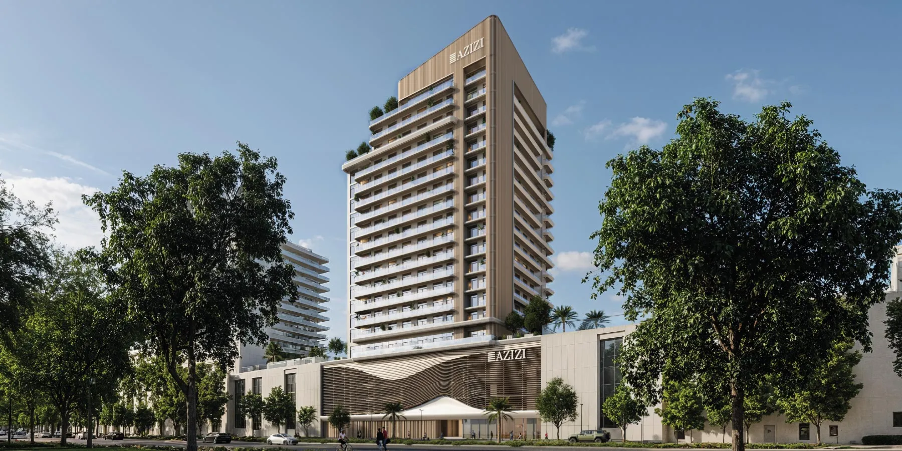 Render of the Azizi David tower in Al Jaddaf above its retail podium
