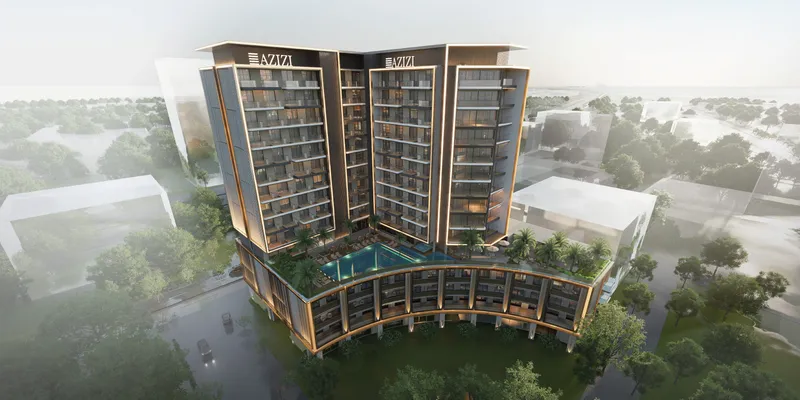 Aerial render of Azizi Gabriel showing the pool deck on top of the podium