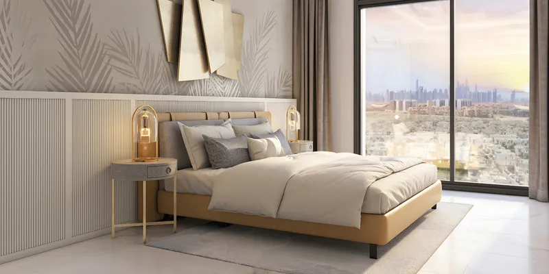 Render of a bedroom at Azizi Gabriel with a full-height window