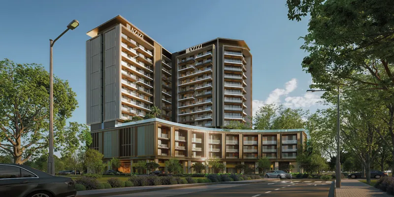 Render of the Azizi Gabriel apartment building in Downtown Jebel Ali by day, seen from the street
