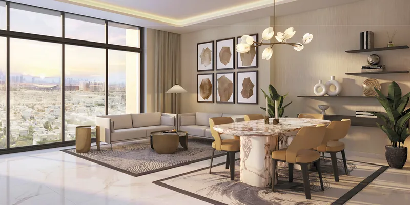 Render of a living and dining room at Azizi Gabriel with floor-to-ceiling windows