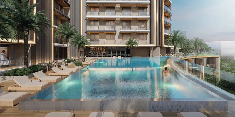 Render of the swimming pool and sun loungers at Azizi Gabriel