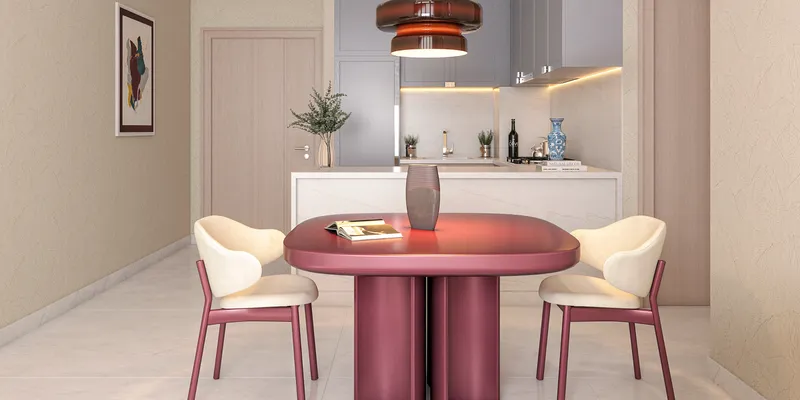 Render of an open kitchen and dining area in an Azizi Grand apartment