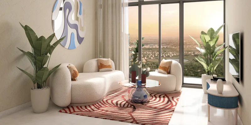 Render of a living room with full-height windows in an Azizi Grand apartment