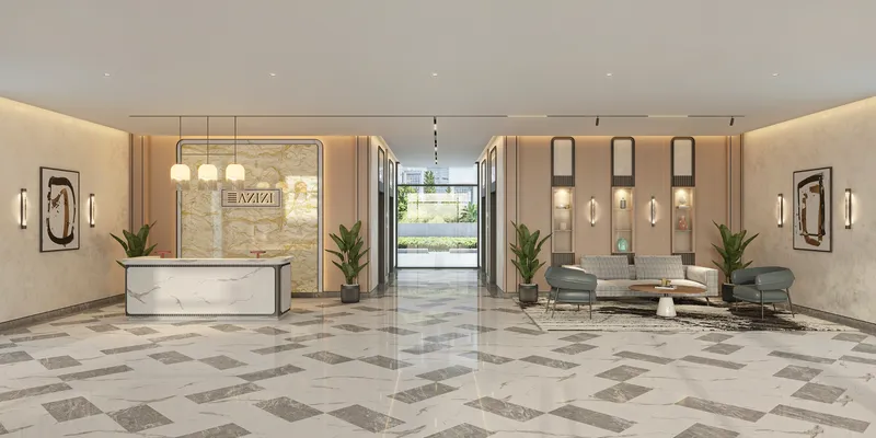 Render of the entrance lobby and reception at Azizi Grand
