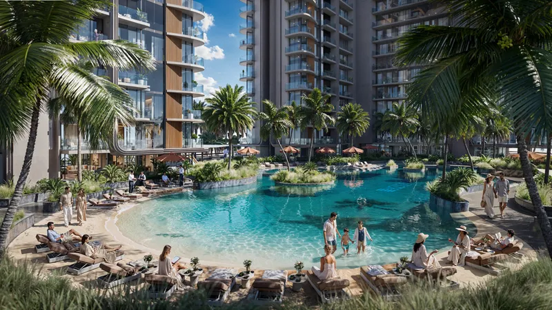 Render of the beach-style pool at Azizi Jaddaf Beach Oasis with palm trees, loungers and the apartment buildings around it