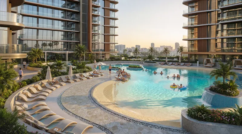 Render of the central beach-style pool at Azizi Jaddaf Beach Oasis, with sun loungers on a sandy edge between the two buildings