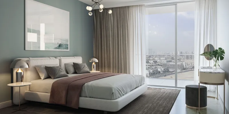 Render of a bedroom at Azizi Jewel with full-height windows