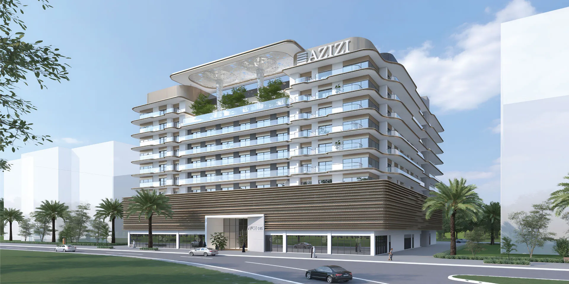 Render of the Azizi Jewel apartment building in Al Furjan, with a timber-clad podium and planted roof terrace