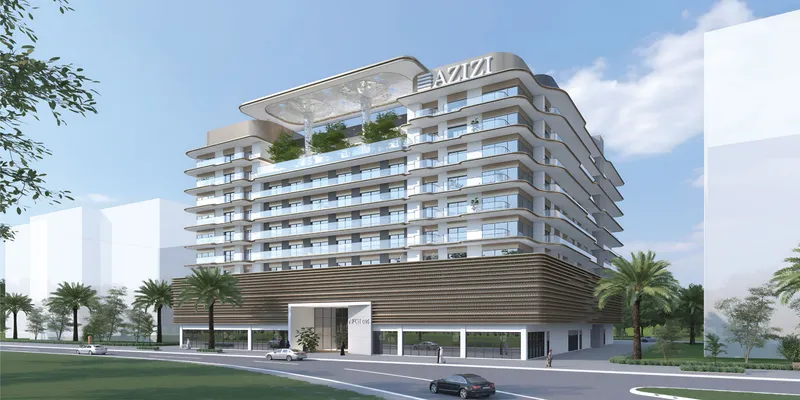 Render of the Azizi Jewel apartment building in Al Furjan, with a timber-clad podium and planted roof terrace