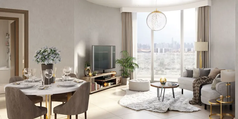 Render of a living and dining room at Azizi Jewel with a curved full-height window